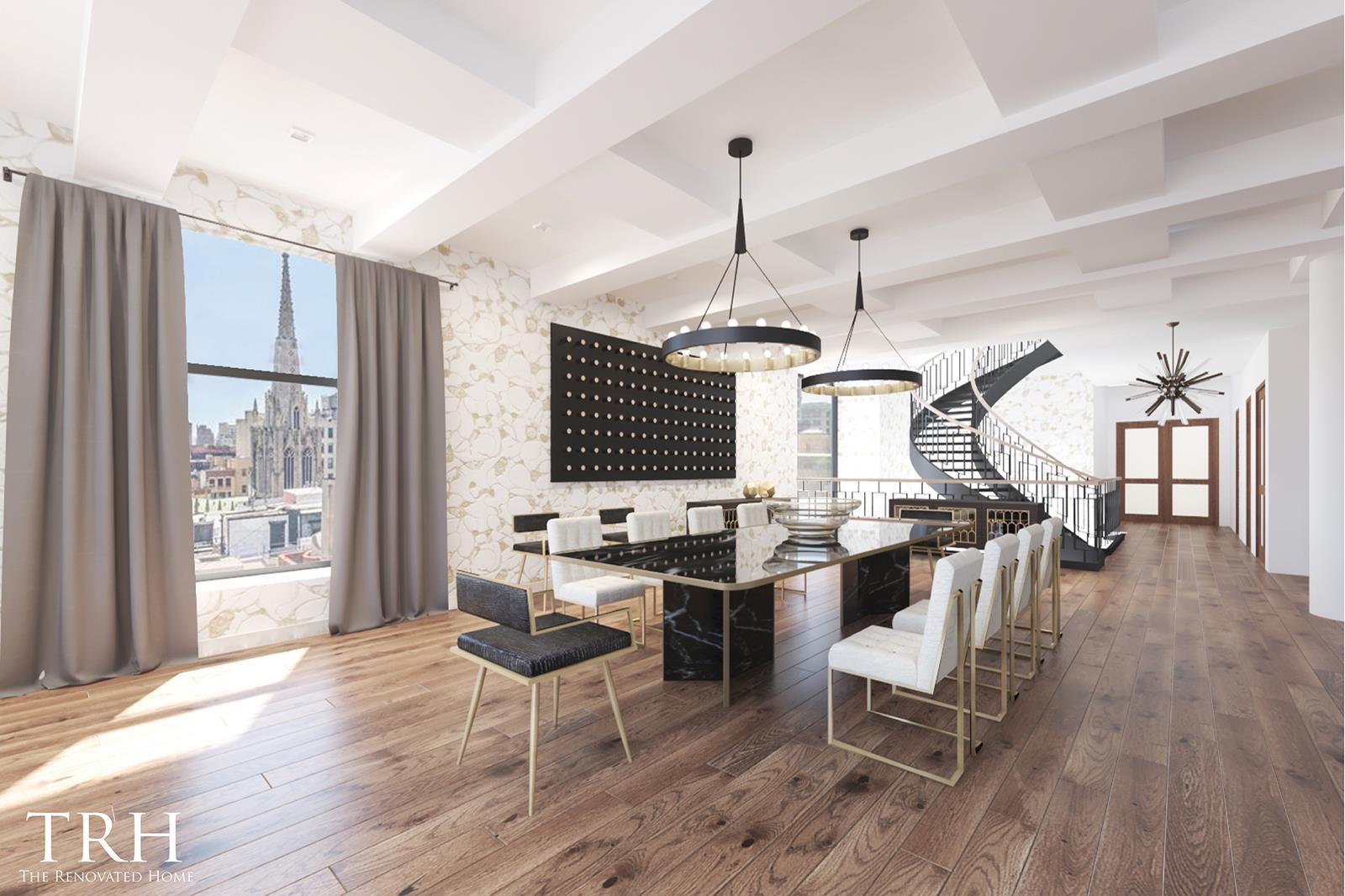 66 11th St E PH New York, New York * UNIT IS BEING OFFERED AS A WHITE BOX WITH A $1,000,000 DESIGN/RENOVATION CREDIT AT CLOSING. ONCE-IN-A-LIFETIME OPPORTUNITY TO DESIGN AND CREATE A TROPHY PENTHOUSE *A one-of-a-kind floor-through triplex graced with a colossal 2,342 sq. ft. rooftop terrace, this stunning 4-bedroom, 7-bathroom penthouse is a blank canvas that, when finished, is sure to become a Greenwich Village masterpiece. The home is mid-renovation, but already has pristine hardwood floors, re-skimmed sheetrock, and all top-of-the-line infrastructure, wiring, and home-automation systems in place. The PH also comes delivered with a top-of-the-line appliance package including a 78-bottle dual zone wine refrigerator, a six-burner Viking range, Miele microwave and steam oven, Bosch dishwasher, and a Sub-Zero 36 Integrated Combination refrigerator/freezer. Everything else, from lighting and bathroom fixtures to kitchen surfaces and finishes, is patiently awaiting customization.Features of this 7,693 sq. ft. home include airy beamed ceilings, direct keyed elevator to every floor, quadruple exposure, a series of arched casement windows with deep sills, a washer/dryer hookup, a powder room on every floor, a solarium/green house, views of One World Trade Center, Grace Church, and the Empire State Building, and a staggering sky lit spiral staircase with wrought-iron railing and floating wooden planks.Beyond a spacious foyer, the eighth floor of the home opens into an expansive, open-concept living room, dining room, and kitchen. The space is saturated with northern light via an octet of tall arched windows, and a suite of high-end stainless steel appliances are included with the kitchen. The master suite occupies the other half the eighth floor and boasts a gargantuan walk-in closet, a huge dressing room, and a massive en-suite bathroom with 5 windows, wall niches, a walk-in shower, and an enclosed toilet.The seventh floor of the home contains a trio of large bedrooms, a laundry closet, and an additional living/lounge area. Each bedroom possesses a walk-in closet and a full en-suite bathroom. Completing the home is a luxurious private terrace floor, which features a glass-enclosed solarium/green house, a convenient powder room, and breathtaking 360-degree views of the city skyline.66 East 11th is a 19th Century condominium nestled between Union Square and Washington Square Parks. A converted Dress Factory built in 1897, the building has an ornate terra-cotta fac¸ade and dozens of built-in wellness amenities that include purified air and water, bio-based insulation for sound reduction, and vitamin-infused showers. Located in the heart of the Greenwich Village, the building is surrounded by a number of high-end, historic restaurants, bars, cafes, and shops, and has easy access to the rest of the Village, NoHo, SoHo, the Flatiron District, and Gramercy. Pets are welcome.