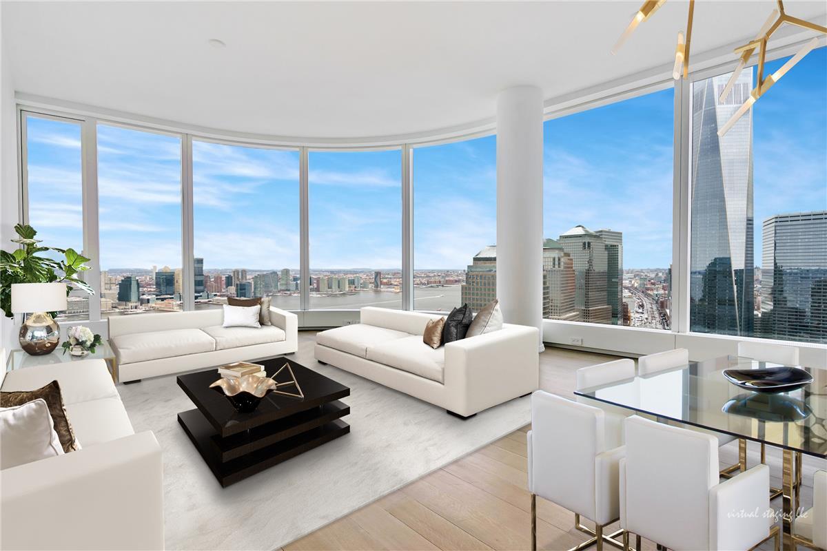 50 West St 55-D New York, New York Rare Opportunity in 50 West - One Bedroom plus Home Office with Two Full Bathrooms! Enjoy Stunning Views from the 55th Floor in this Bright and Spacious Corner home. Curved, panoramic, floor to ceiling windows provide glittering views of the Hudson River and the NYC city skyline from this bright and airy residence. An elegant entry foyer leads to a Living room with dramatic views of One WTC and Hudson River. It has an open kitchen floor plan and is designed with Italian custom stained walnut cabinetry, brushed granite countertops, and a waterfall island. First-in-class appliances from Miele and Sub-Zero include: wall mounted oven and speed oven, gas cooktop, refrigerator, freezer, wine refrigerator, dishwasher and a range hood that vents directly to the outside. Bright Master Bedroom facing West, overlooking water and has Statue of Liberty view. The en-suite five fixture master bath features a floating backlit marble vanity with double sinks, a large stall shower with rain showerhead and separate dip soaking tub, Hansgrohe polished chrome fixtures, an electronic Toto toilet with built-in bidet and radiant floor heating. Second Bath has a shower and is finished with Travertine Stone. There are white oak wood floors, throughout the residence. This home also features a vented large sized washer and dryer, for all of your laundry needs.Truly a unique residence and place to be called home!Building features: 4 Floors of Amenities, including: Water Club with 60FT lap pool, Fitness floor, Entertainment floor and unique Observatory with 2 BBQ, located on 730 FT elevation overlooking NYC Harbor and endless water views.