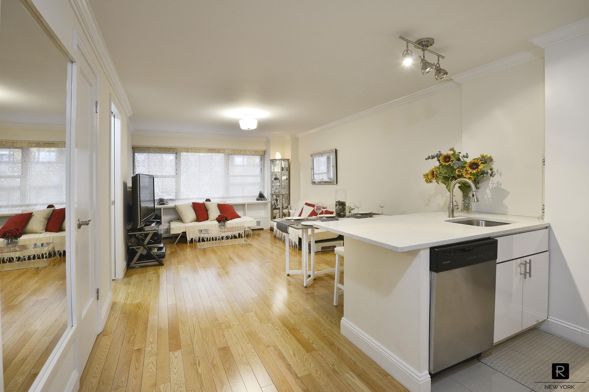153 E 57th St 4-L New York, New York Location, Location, Location ! Here in Midtown East 57th Street having access to all the UES has to offer. Quiet, north facing totally renovated Junior 1 apartment is prime. This home has hall foyer, laminate wood floors, crown moldings, beautiful open kitchen, caesarstone counter tops, just set your bar stools around the counter and still have space for a dining table. Great for entertaining ! Plenty of closet space including 2 single and 2 double deep closets. Separate sleeping/dressing area with pocket door for privacy. Stainless steel appliances with renewed warranties through end of 2019 and mid 2020. 24 Hour doorman. Live in Super. Parking Garage. Common storage / bike room. Laundry Room. Maintenance includes electric, gas, water and heat. Cable is discounted for building. A/C Wall Unit. Pied-à-terres welcome! Guarantors and Co-purchasers allowed. Sorry, No Dog Policy. Whole Foods is steps away as are major shopping stores, Bloomingdales, restaurants, movie theater. Major banks in close proximity. Several gyms, yoga, pilates studios including Equinox, Blink, Soul Cycle close by. M31. M57 M101, M102 Bus steps away. Subway Express 4, 5 6, N,Q,R, M, E and F are a few blocks close by.