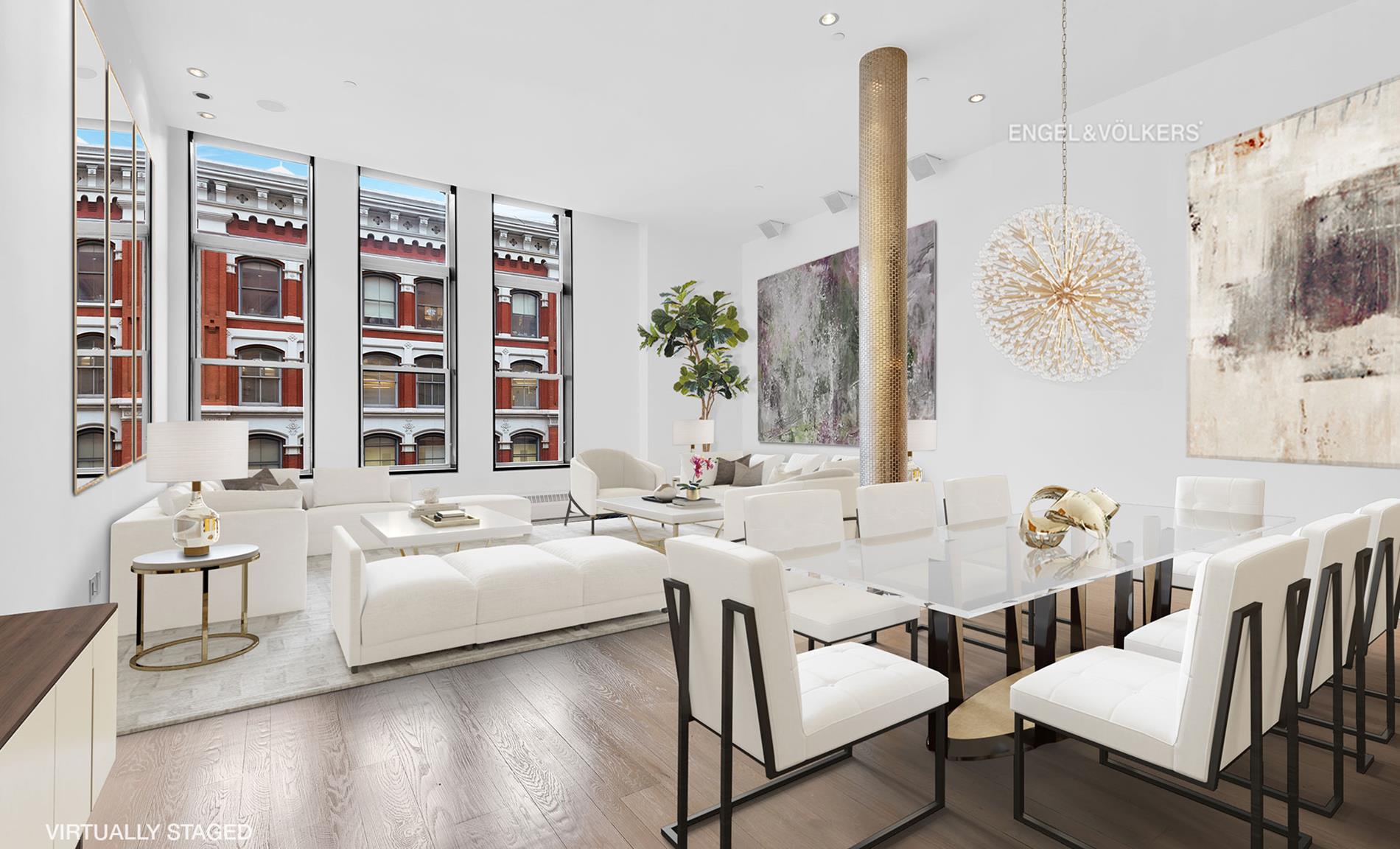 21 Astor Pl 6-E New York, New York Residence 6E is a gracious contemporary loft-style two-bedroom, two-bathroom home at 21 Astor Place. This 1,682-square-foot residence offers soaring 13-foot ceilings and an abundance of natural light through its six oversized south-facing windows. A welcoming entry leads to the generously proportioned living/dining space with beautiful hardwood flooring. The adjacent open chefs kitchen is perfect for both cooking and entertaining and features top-of-the line appliances including Viking refrigerator, Bosch oven and cooktop and Miele dishwasher, Lava Stone counters, and custom Poggenpohl cabinetry.The master suite features a large bedroom with a spacious walk-in closet, and an elegant bath with stone tile floors, double vanity, deep-soaking jacuzzi tub and separate shower. The apartment offers a second bedroom with generous closet space, and second full bathroom set along the main corridor. Other features include generous closet space, washer and dryer, central air conditioning, and low monthly carrying costs.Set in the heart of Greenwich Village, the landmarked 11-story Romanesque Revival Style red brick building at 21 Astor Place was built in 1892 and converted into a full-service boutique condominium. 21 Astor Place offers contemporary layouts with preserved historic details. The buildings amenities include a 24-hour doorman, resident superintendent, three-elevators, newly designed fitness center, and is pet-friendly.Astor Place is one of downtown Manhattan's most exciting hubs with Washington Square Park, the city's top universities, theaters, restaurants, cultural and architectural landmarks, food and shopping, as well as numerous transportation options all within blocks.The adjacent unit, Apartment 6F is also offered for sale, allowing for the opportunity to create an approximately 2,900 square foot home.Please note, the listing images are virtually staged.